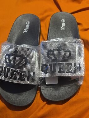 QUEEN Rhinestone Slide Sandals in Silver and Black
